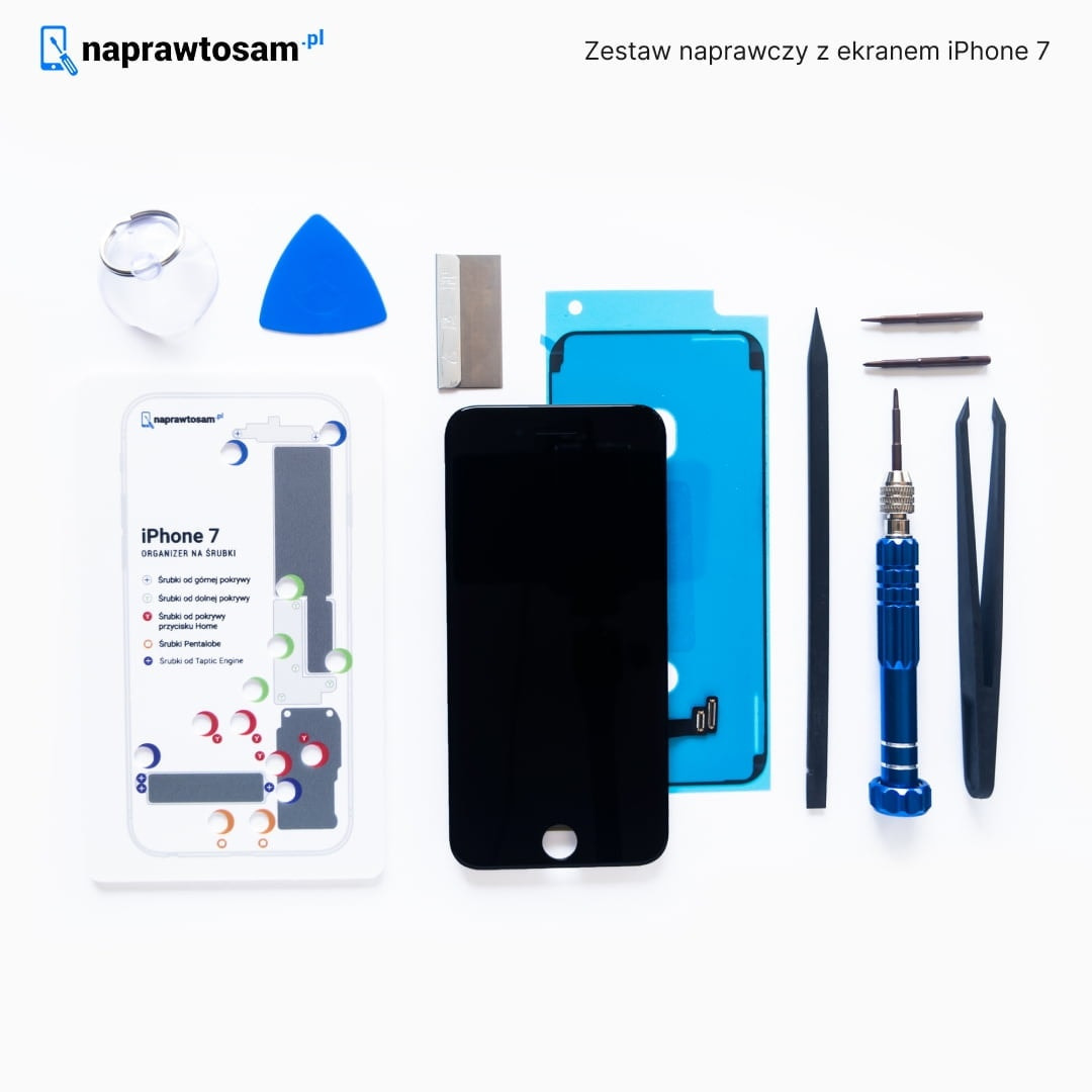 Zestaw do wymiany ekranu iPhone 7: nowy wyświetlacz, organizer śrubek, narzędzia (śrubokręt, pęseta, spudger, przyssawka, kostka otwierająca) i taśma montażowa na białym tle.