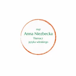 Logo tłumacza języka włoskiego, mgr Anna Niezbecka, otoczone pomarańczowym okręgiem imitującym pociągnięcia pędzlem.
