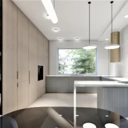 Nowoczesna kuchnia z drewnianymi szafkami, szklaną witryną z podświetleniem i wyspą kuchenną z marmurowym blatem, uzupełniona białymi tulipanami w wazonie.