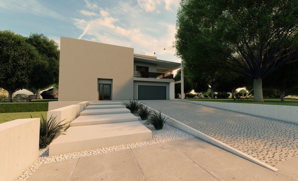 Wizualizacja nowoczesnego domu jednorodzinnego z płaskim dachem, dużym garażem i schodami wejściowymi otoczonymi roślinnością ozdobną, na tle zielonego ogrodu i błękitnego nieba z chmurami.