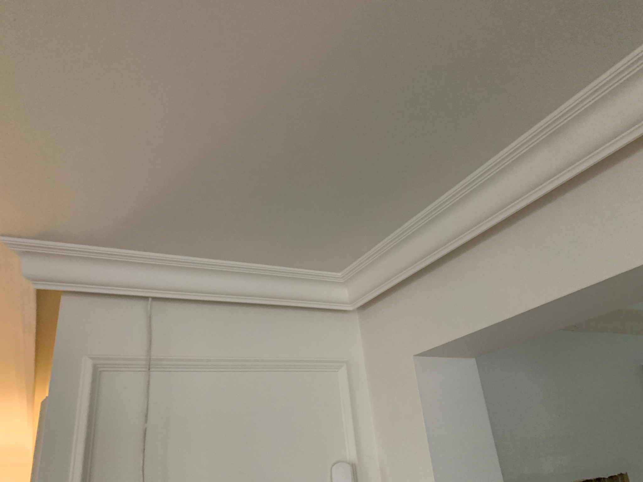 Biały sufit z ozdobnym sztukateryjnym wykończeniem narożnym, widoczny fragment ściany z dekoracyjną listwą i przewód elektryczny.