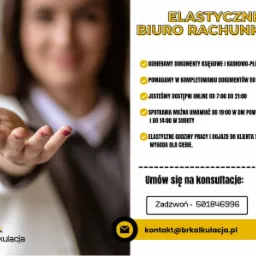 Kobieta z wyciągniętą dłonią na rozmytym tle z hasłami reklamowymi elastycznego biura rachunkowego, oferującego odbiór dokumentów, pomoc w listach płac i dostępność online.