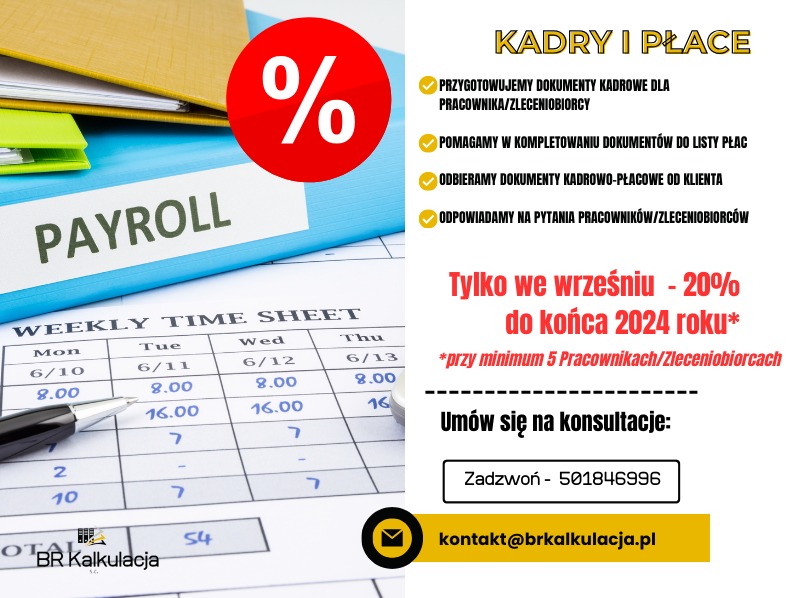 Dokumenty kadrowe i płacowe: segregator z napisem PAYROLL, tygodniowa karta czasu pracy z wypełnionymi godzinami, długopis oraz informacja o promocji -20% do końca 2024 roku.