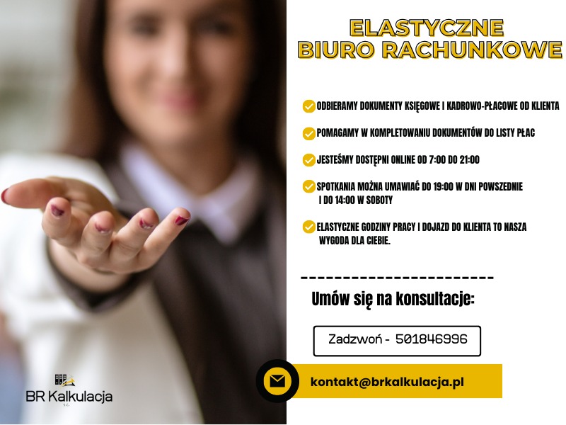 Kobieta z wyciągniętą dłonią na rozmytym tle z hasłami reklamowymi elastycznego biura rachunkowego, oferującego odbiór dokumentów, pomoc w listach płac i dostępność online.