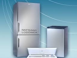 Srebrna lodówka dwudrzwiowa obok mniejszej chłodziarki, na tle błękitnej grafiki z białymi liniami. Na lodówce widoczny napis 'Naprawy Lodówek'.