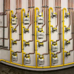 Równoległe piony instalacji gazowej z licznikami, rury miedziane i żółte, zamocowane do ściany w pomieszczeniu.