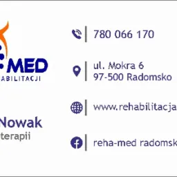 Wizytówka gabinetu rehabilitacji Reha-Med z logo, adresem ul. Mokra 6, numerem telefonu 780 066 170, adresem strony internetowej www.rehabilitacja-radomsko.pl oraz adresem profilu na Facebooku...