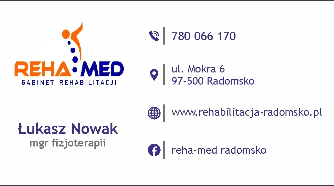 Wizytówka gabinetu rehabilitacji Reha-Med z logo, adresem ul. Mokra 6, numerem telefonu 780 066 170, adresem strony internetowej www.rehabilitacja-radomsko.pl oraz adresem profilu na Facebooku...