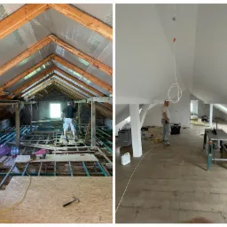 Dwuobrazowe porównanie poddasza przed i po remoncie: po lewej surowa konstrukcja z widocznym ociepleniem dachu, drewnianą podłogą w trakcie układania i narzędziami; po prawej wykończone, białe...