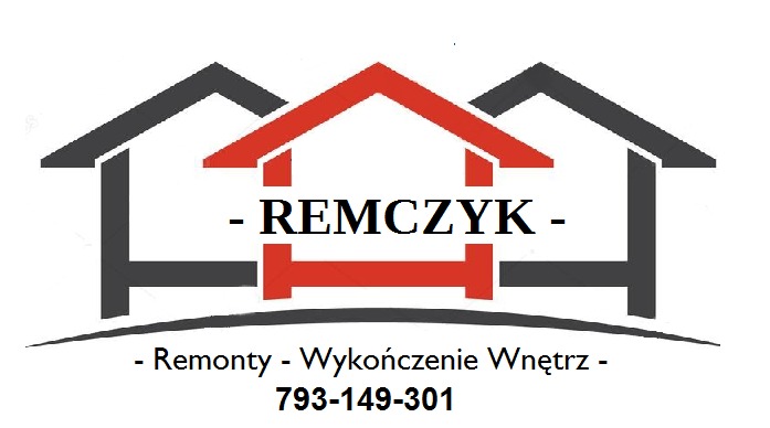 Logo firmy Remczyk remonty i wykończenia wnętrz, grafika przedstawia trzy domy, środkowy czerwony, boczne szare, pod spodem numer telefonu.