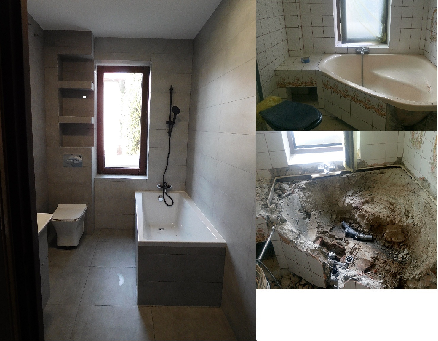 Kompozycja trzech ujęć: wyremontowana łazienka z wanną, toaletą i wnękami, stara łazienka z narożną wanną oraz stan surowy z rozbitą posadzką i instalacją hydrauliczną.
