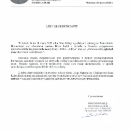 Skan listu referencyjnego firmy P.H.U. VENA sp.j. z Wrocławia, datowany na 18 marca 2022 roku, polecającego firmę Usługi ogrodnicze i edukacyjne Beata Kułek za przeprowadzenie kursu z zakresu...