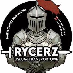 Ilustracja logo firmy transportowej: Rycerz w zbroi z numerami telefonów do Polski i Norwegii.