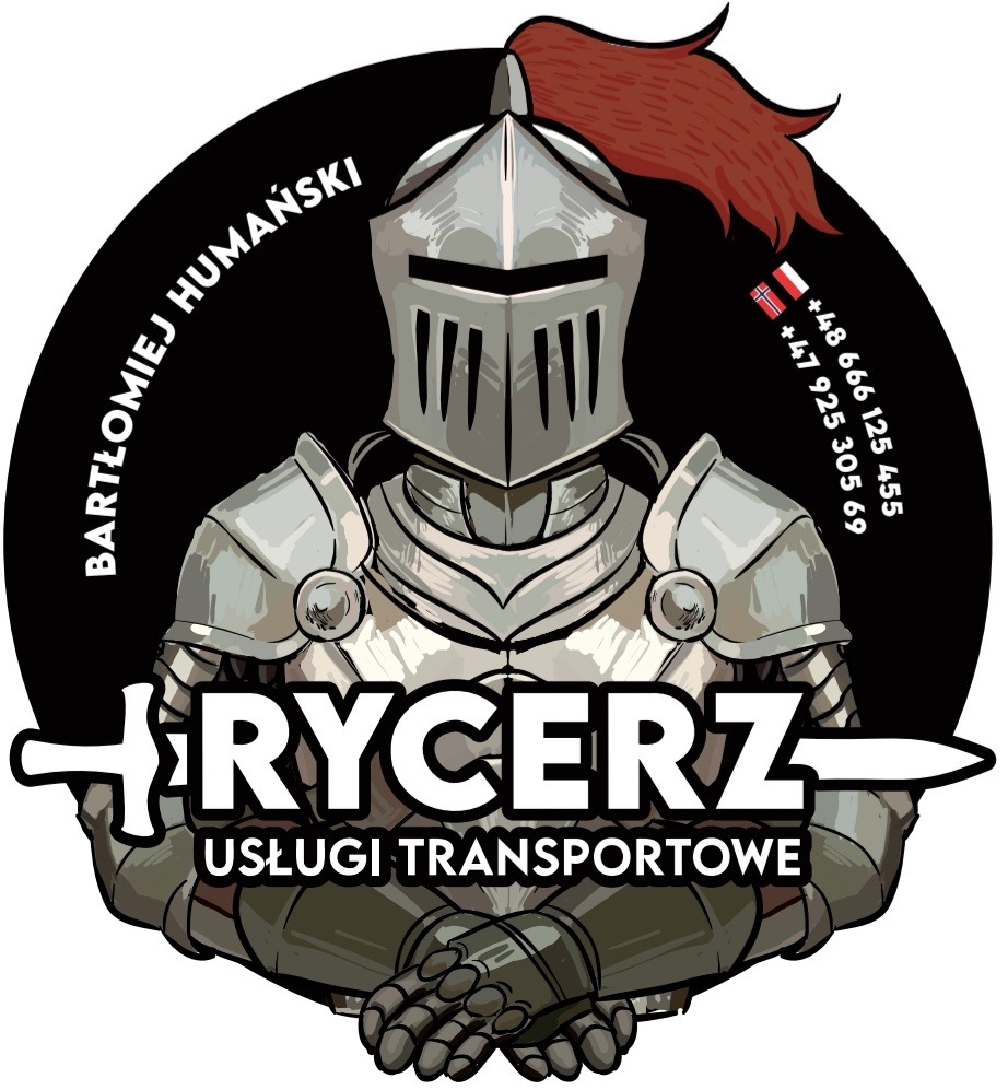 Ilustracja logo firmy transportowej: Rycerz w zbroi z numerami telefonów do Polski i Norwegii.
