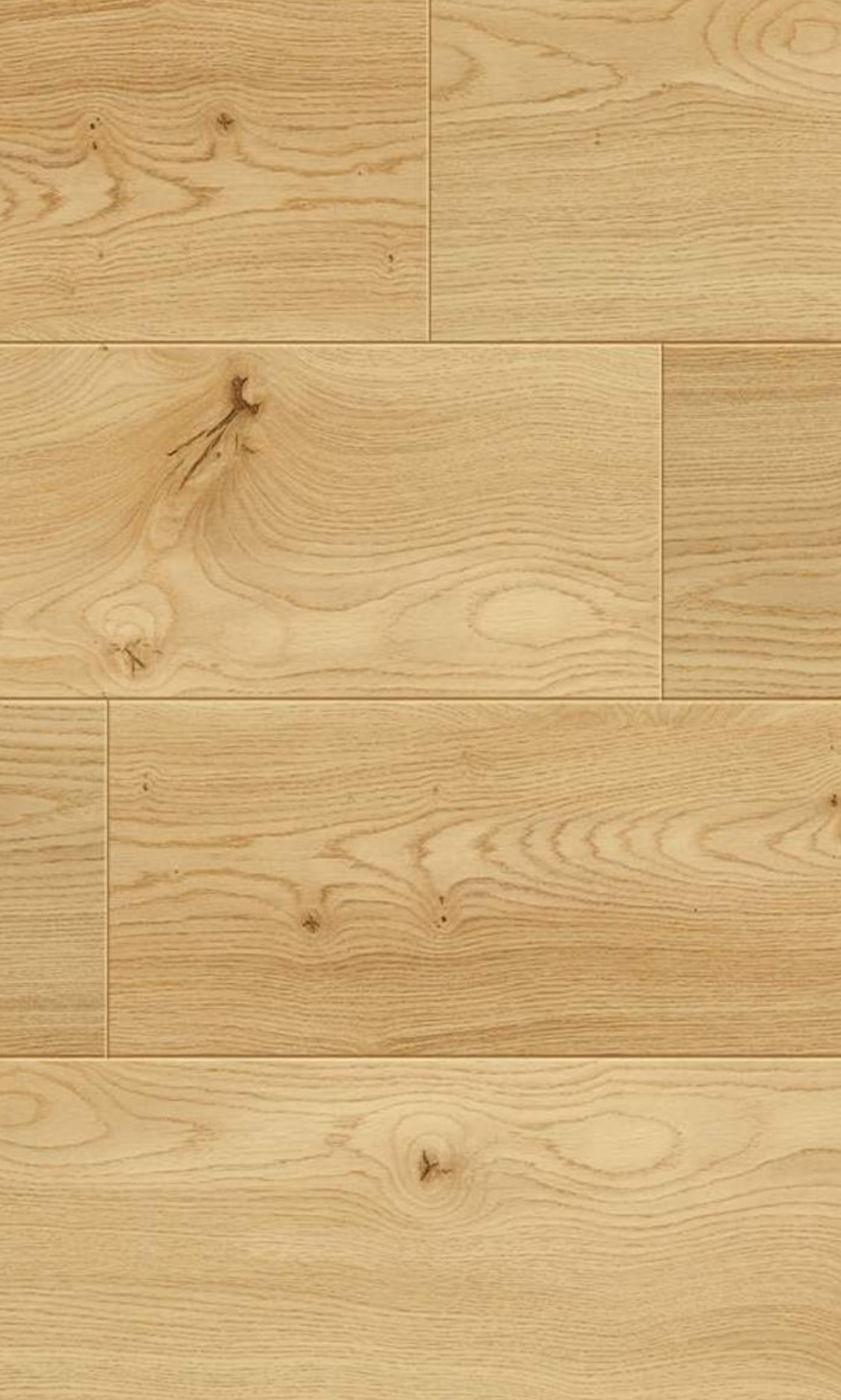 Jasne panele podłogowe z wyraźnym usłojeniem drewna i małymi sękami, ułożone w regularny wzór.