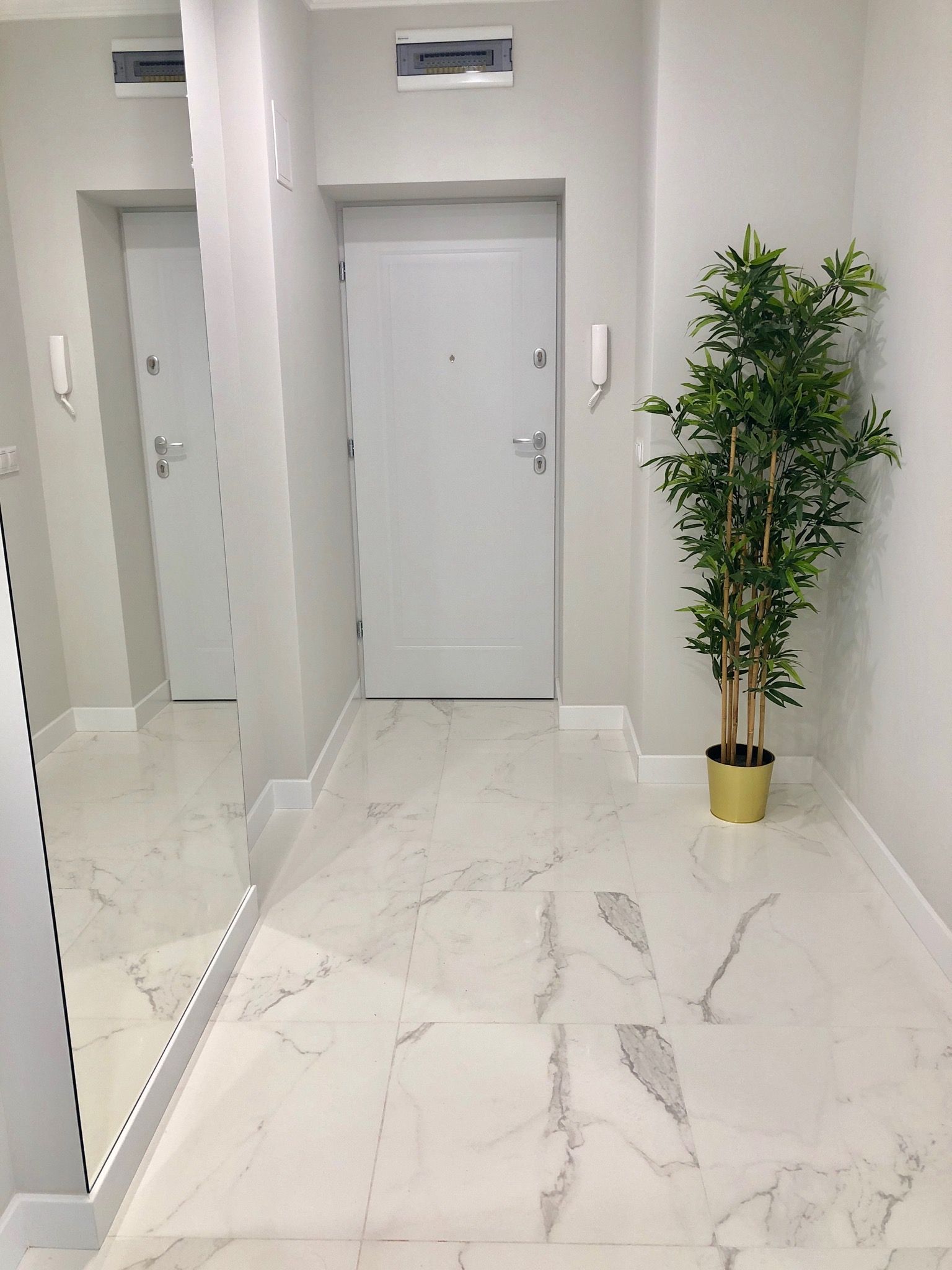 Jasny korytarz z białymi drzwiami, lustrem i rośliną w złotej doniczce, wykończony marmurową podłogą.