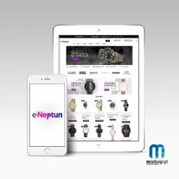 Prezentacja sklepu internetowego z zegarkami na tablecie i smartfonie, widoczne logo e-Neptun oraz oferta zegarków różnych marek.
