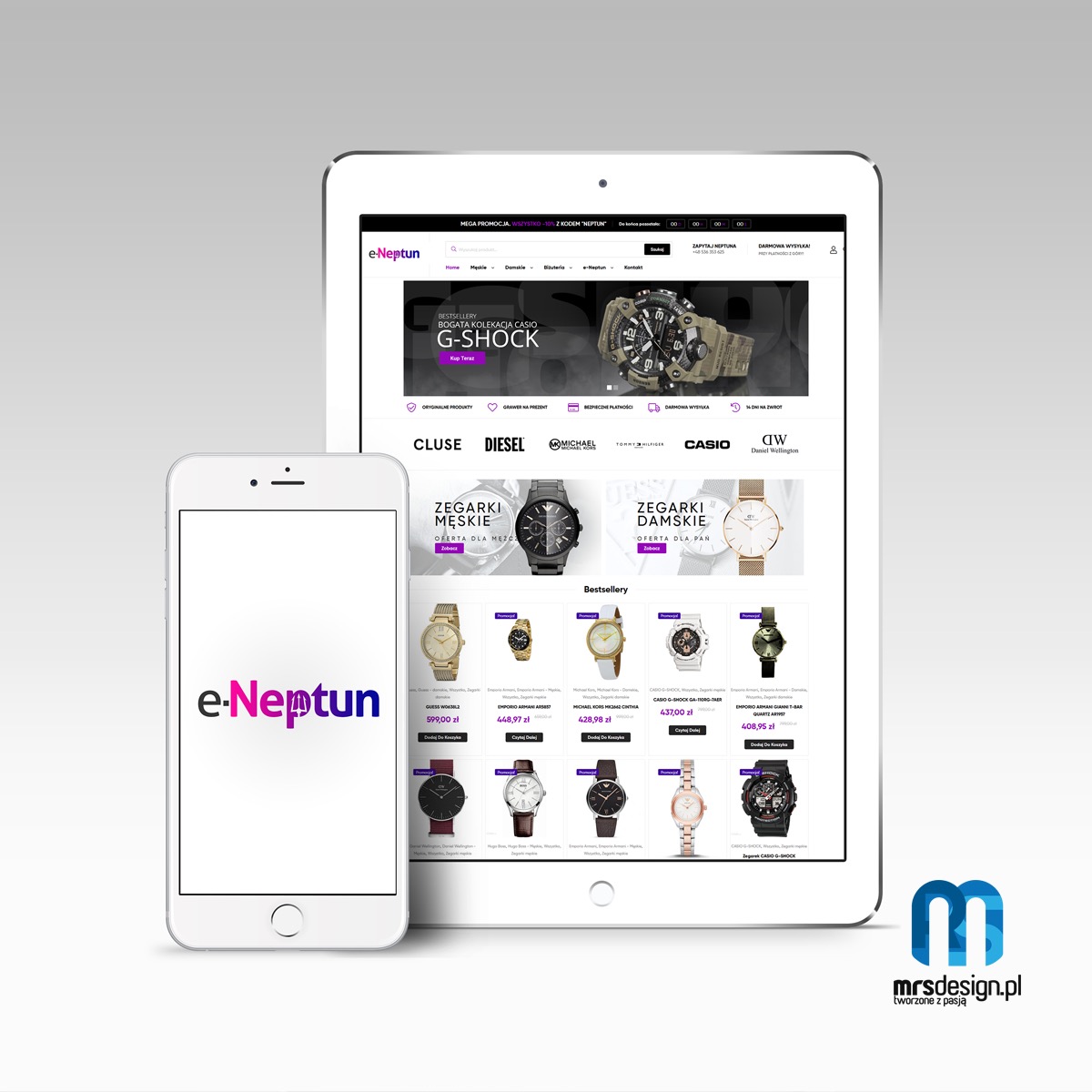 Prezentacja sklepu internetowego z zegarkami na tablecie i smartfonie, widoczne logo e-Neptun oraz oferta zegarków różnych marek.