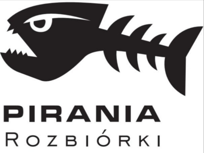 Czarno-białe logo firmy 'PIRANIA Rozbiórki' przedstawiające stylizowany szkielet ryby z ostrymi zębami.