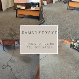 Porównanie fragmentów szarej wykładziny dywanowej w biurze przed i po praniu z widocznymi plamami, z nałożonym logo firmy 'Kamar Service'.