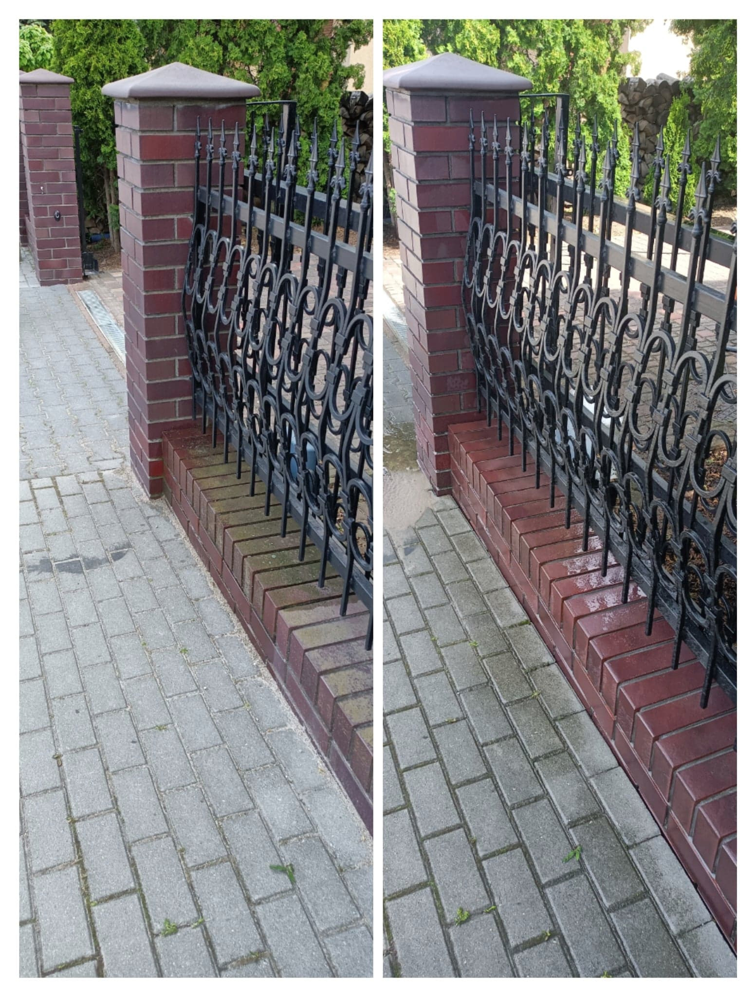 Porównanie stanu murku z cegły i kostki brukowej przed i po czyszczeniu, z widoczną różnicą w kolorze i braku zabrudzeń po prawej stronie zdjęcia.
