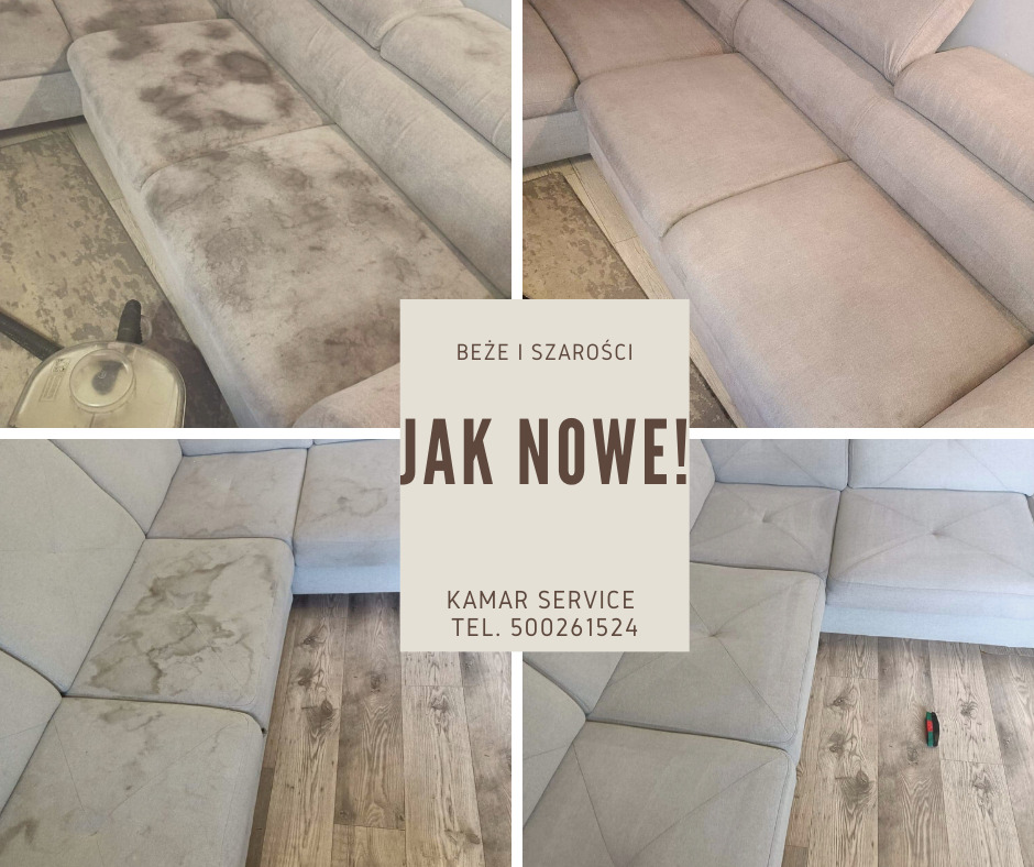 Czteropanelowe porównanie narożnika przed i po praniu, ukazujące znaczną redukcję plam i zabrudzeń, z widocznym odkurzaczem piorącym w lewym górnym rogu i napisem 'JAK NOWE!'