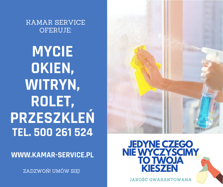 Reklama firmy Kamar Service oferującej usługi mycia okien, witryn, rolet i przeszkleń; zbliżenie na dłoń z żółtą ściereczką czyszczącą okno i rozpylacz z niebieskim płynem.