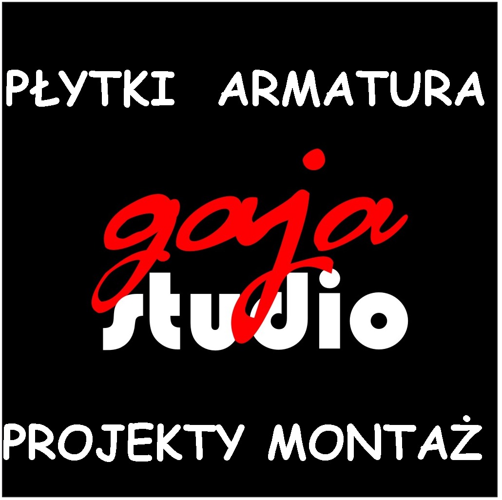 Grafika z logotypem 'gaja studio' w kolorach czerwonym i białym na czarnym tle, z napisami 'Płytki Armatura' u góry i 'Projekty Montaż' u dołu.