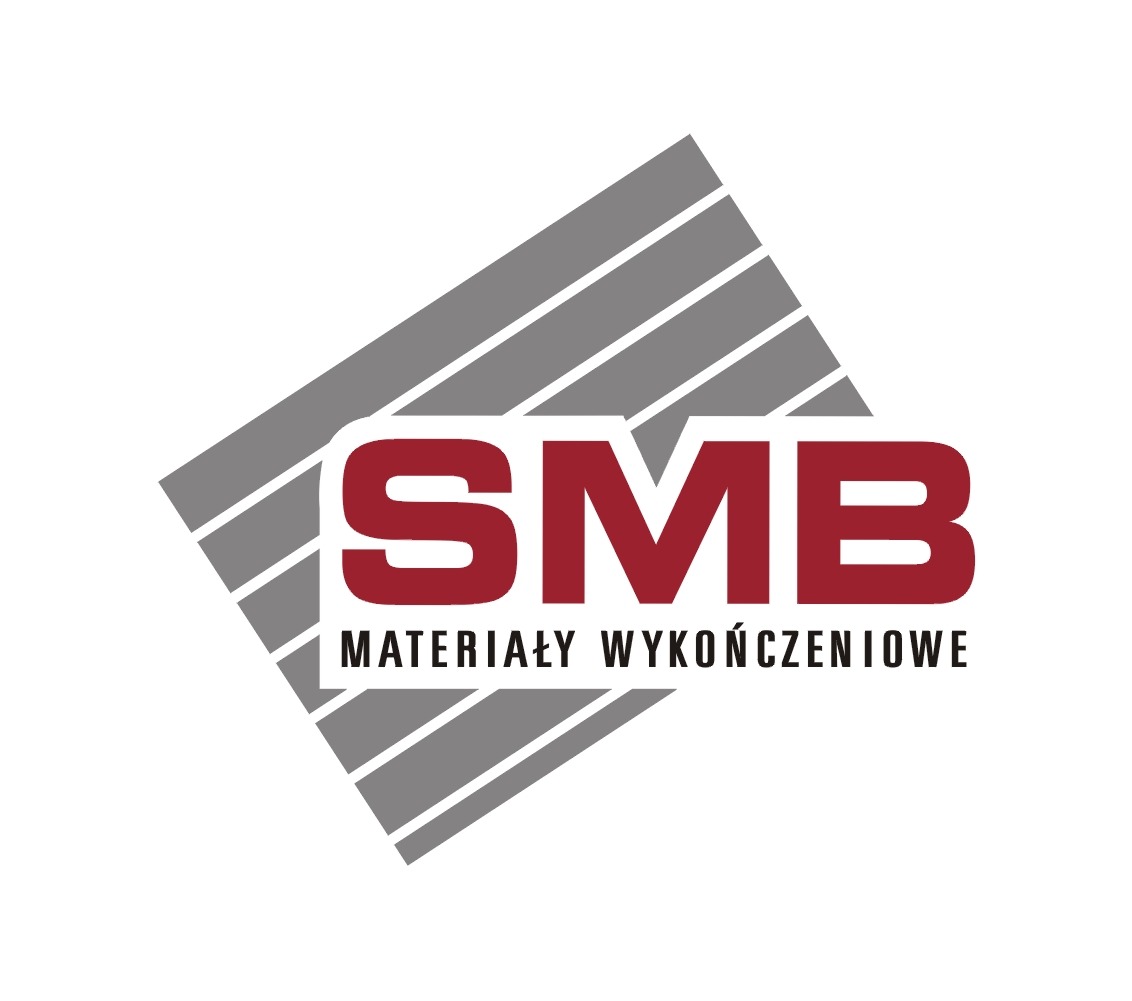 Logo firmy SMB Materiały Wykończeniowe z czerwonym napisem SMB na tle szarego rombu z poziomymi liniami.