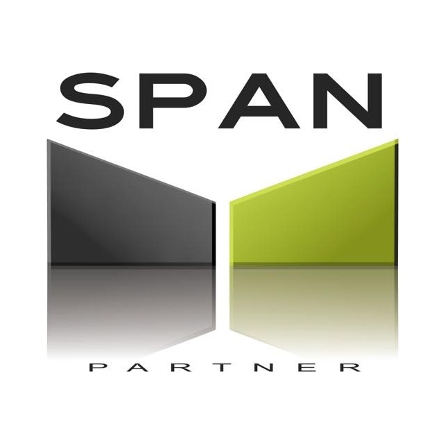 Logo firmy Span Partner z geometrycznym symbolem w kolorach szarości i limonki, z efektem refleksji.