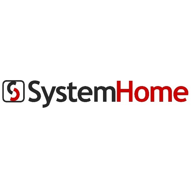 Logo firmy SystemHome z czarnym napisem i czerwonym akcentem w literze 'S' w kwadracie oraz w końcówce napisu 'Home'.