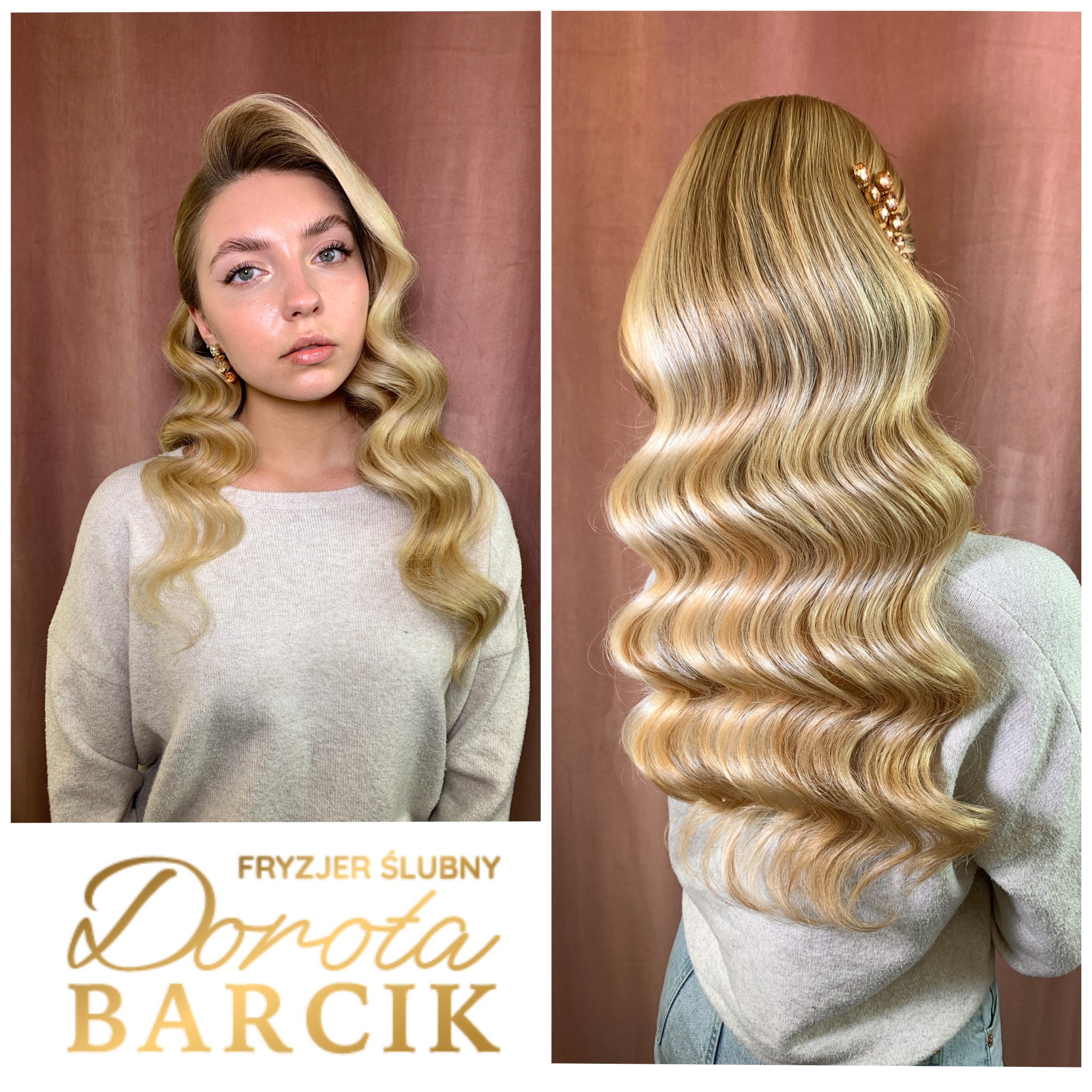 Blond włosy ułożone w fale w stylu retro, widok z przodu i z tyłu, z ozdobną spinką z kryształkami.