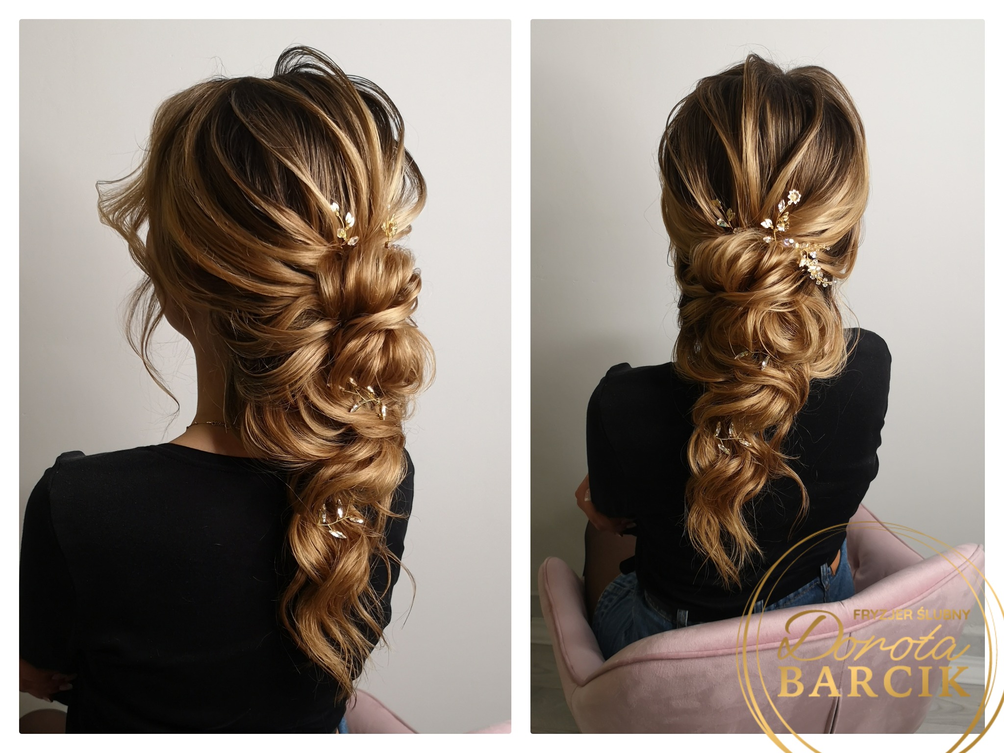 Upięcie włosów w odcieniach blondu z wpiętymi ozdobnymi spinkami w kształcie gałązek i kwiatów, widok z tyłu, na jasnym tle. Na drugim planie widoczne logo firmy.