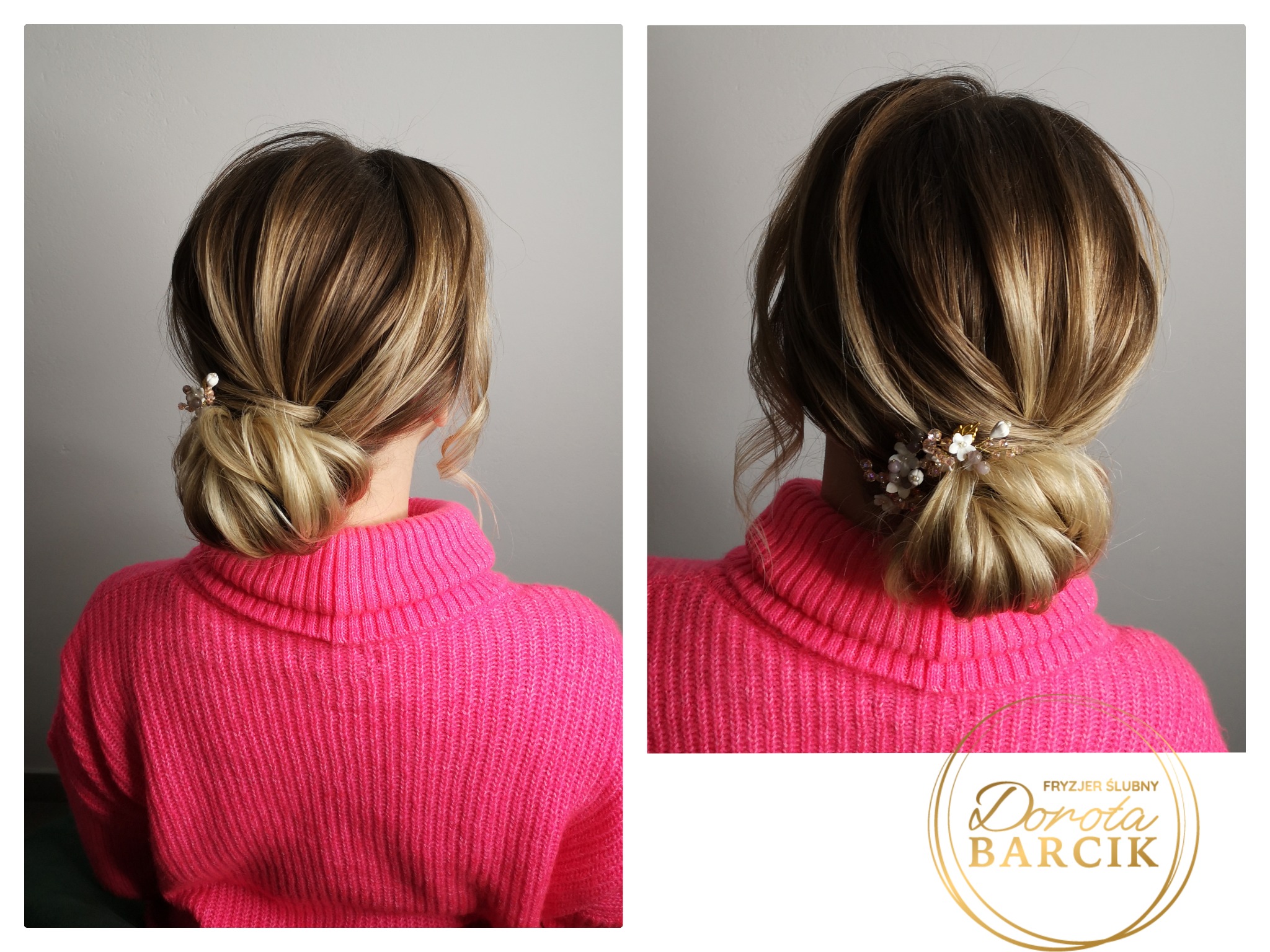 Upięcie włosów blond z pasemkami, ozdobione drobnymi kwiatami i koralikami, widoczne z tyłu na tle szarej ściany i różowego swetra.