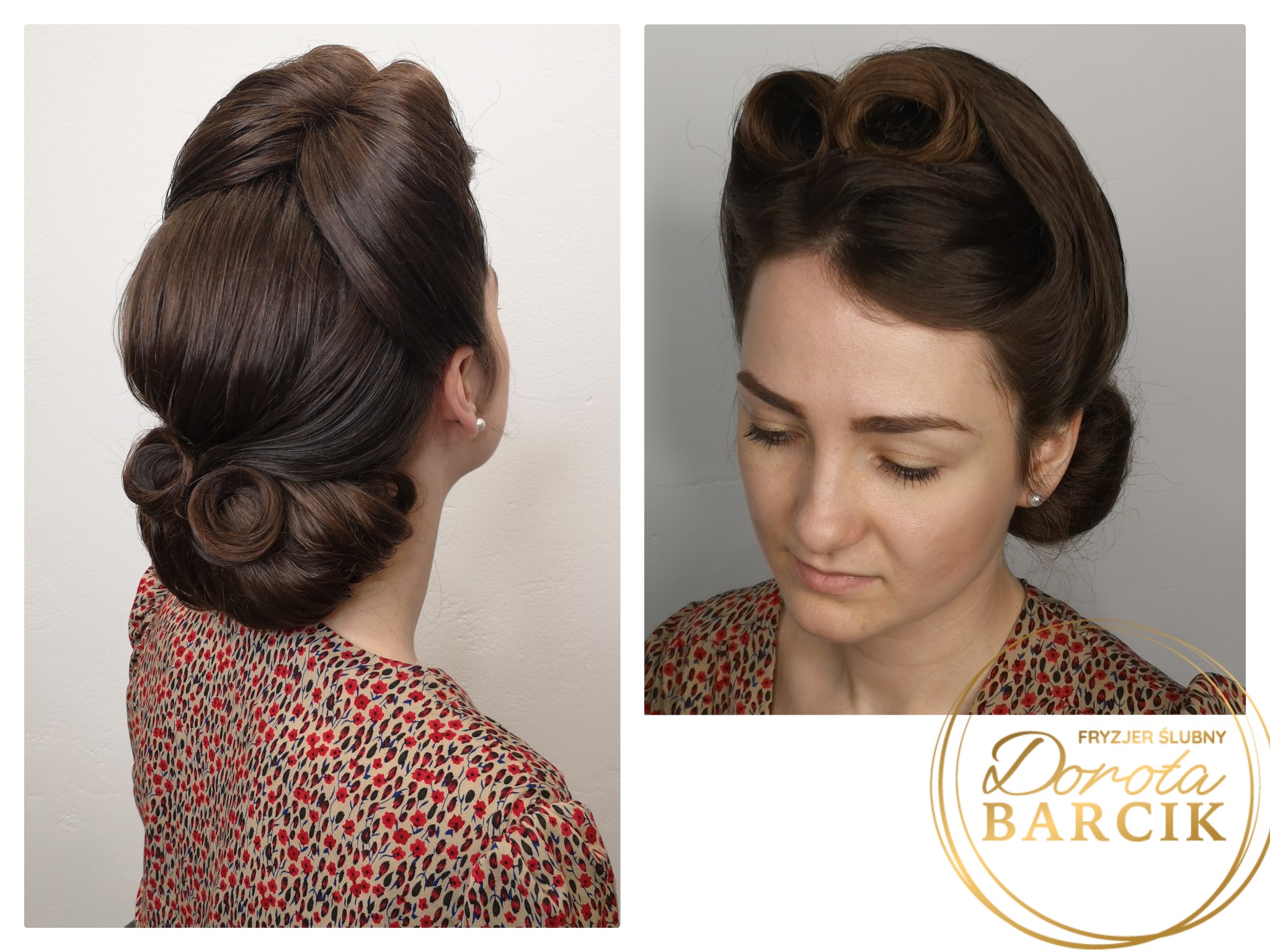 Upięcie włosów w stylu retro, z widocznymi lokami i upięciami, prezentowane z dwóch perspektyw: z tyłu i z przodu.