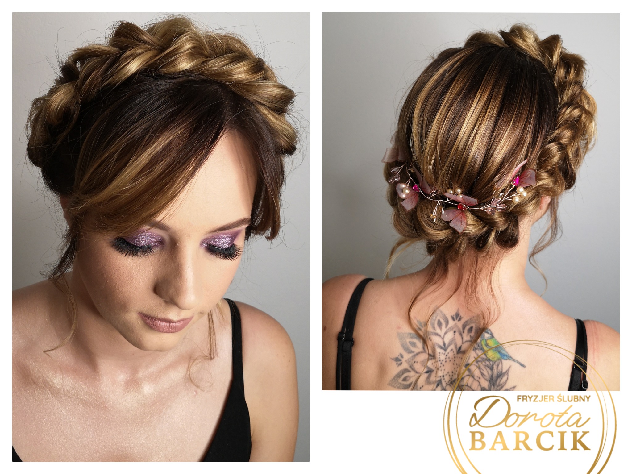 Upięcie włosów w formie wianka z wplecionymi ozdobami kwiatowymi i perłami, widoczne z przodu i z tyłu na kobiecie z makijażem oczu w odcieniach fioletu.