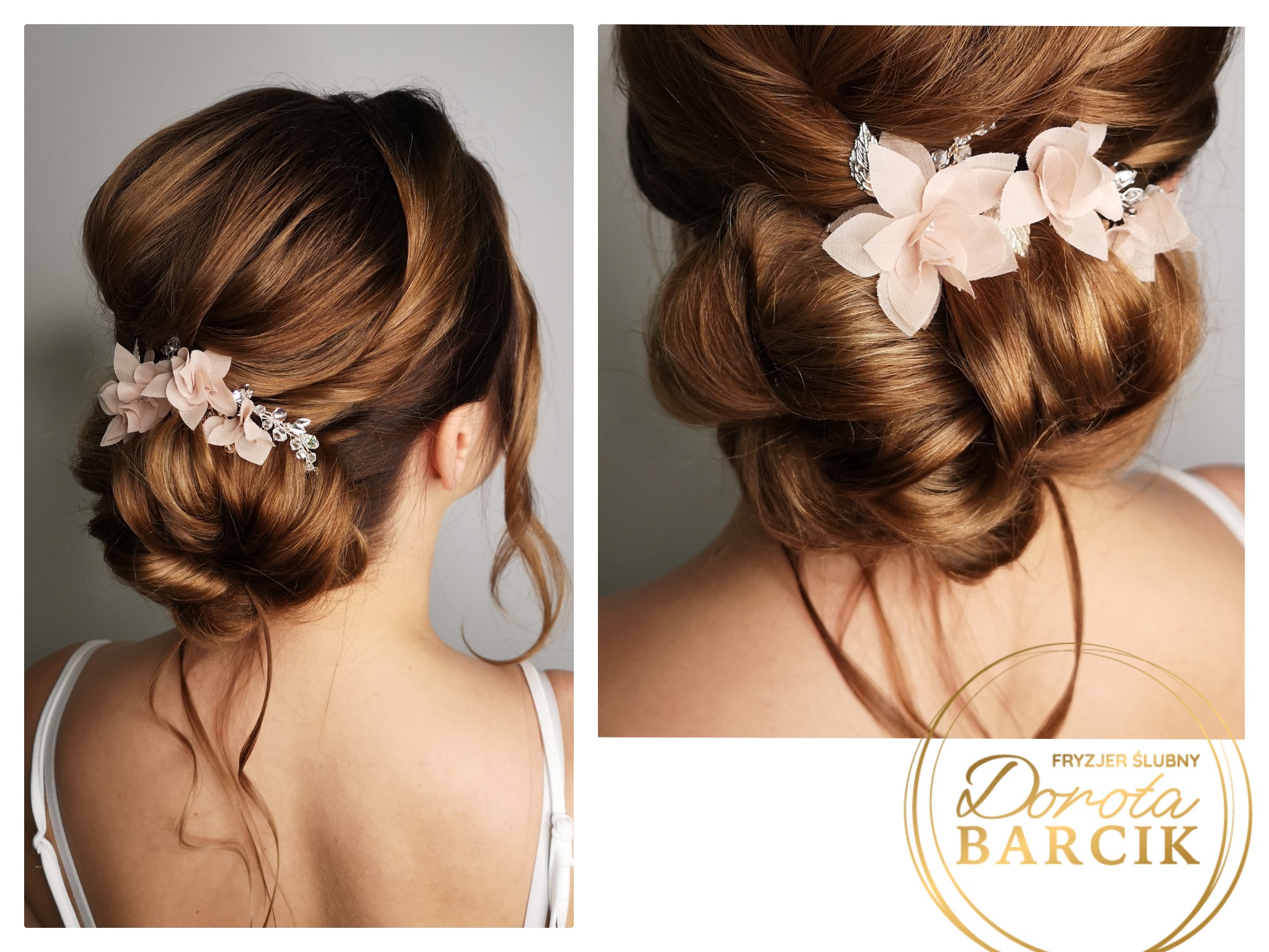 Upięcie ślubne z brązowych włosów z ozdobną spinką w kształcie jasnoróżowych kwiatów i srebrnych listków, widok z tyłu.