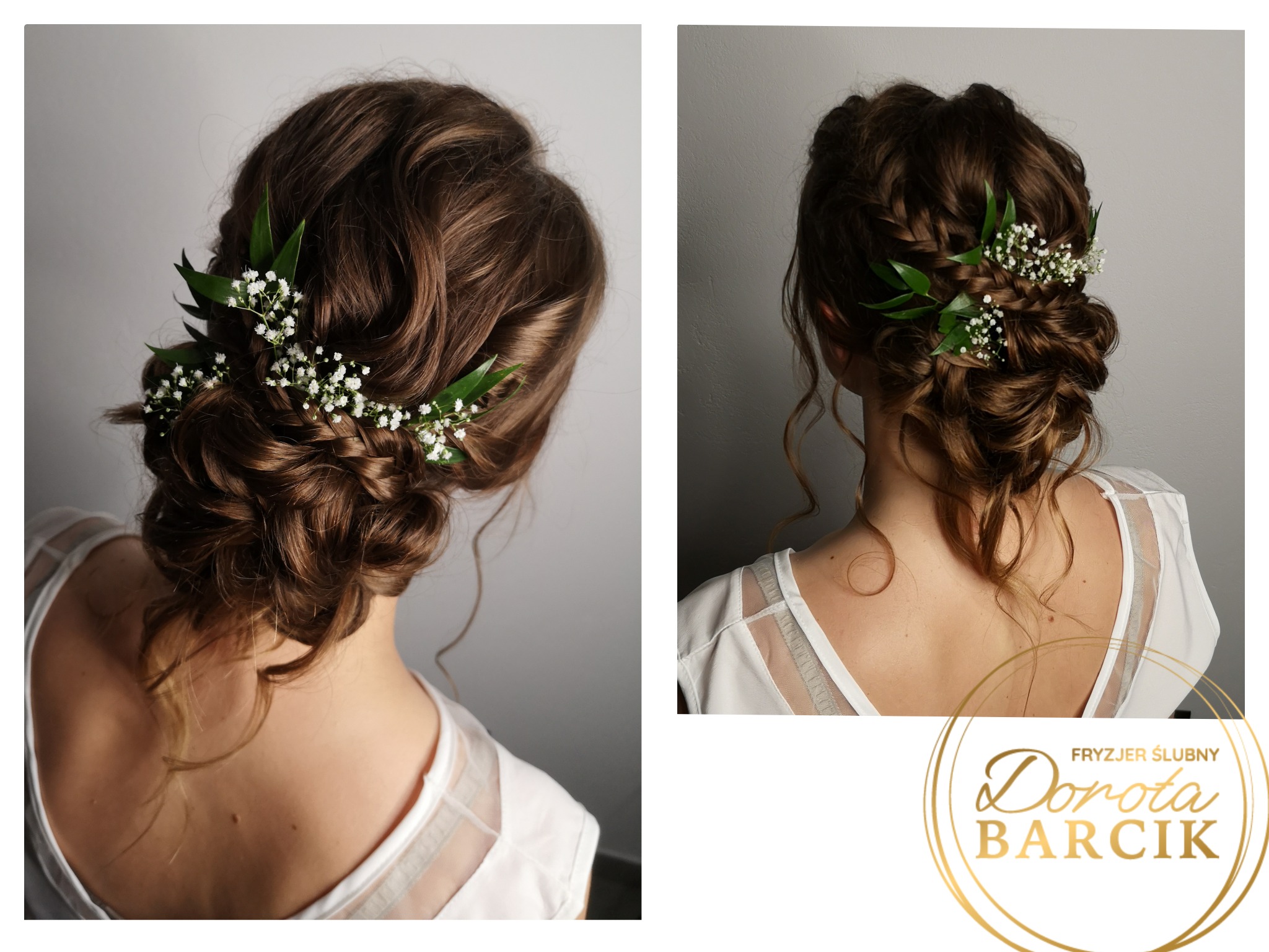 Upięcie ślubne z wplecionymi drobnymi białymi kwiatami i zielonymi listkami, widok z tyłu, na drugim planie logo firmy oferującej usługi upięć ślubnych.