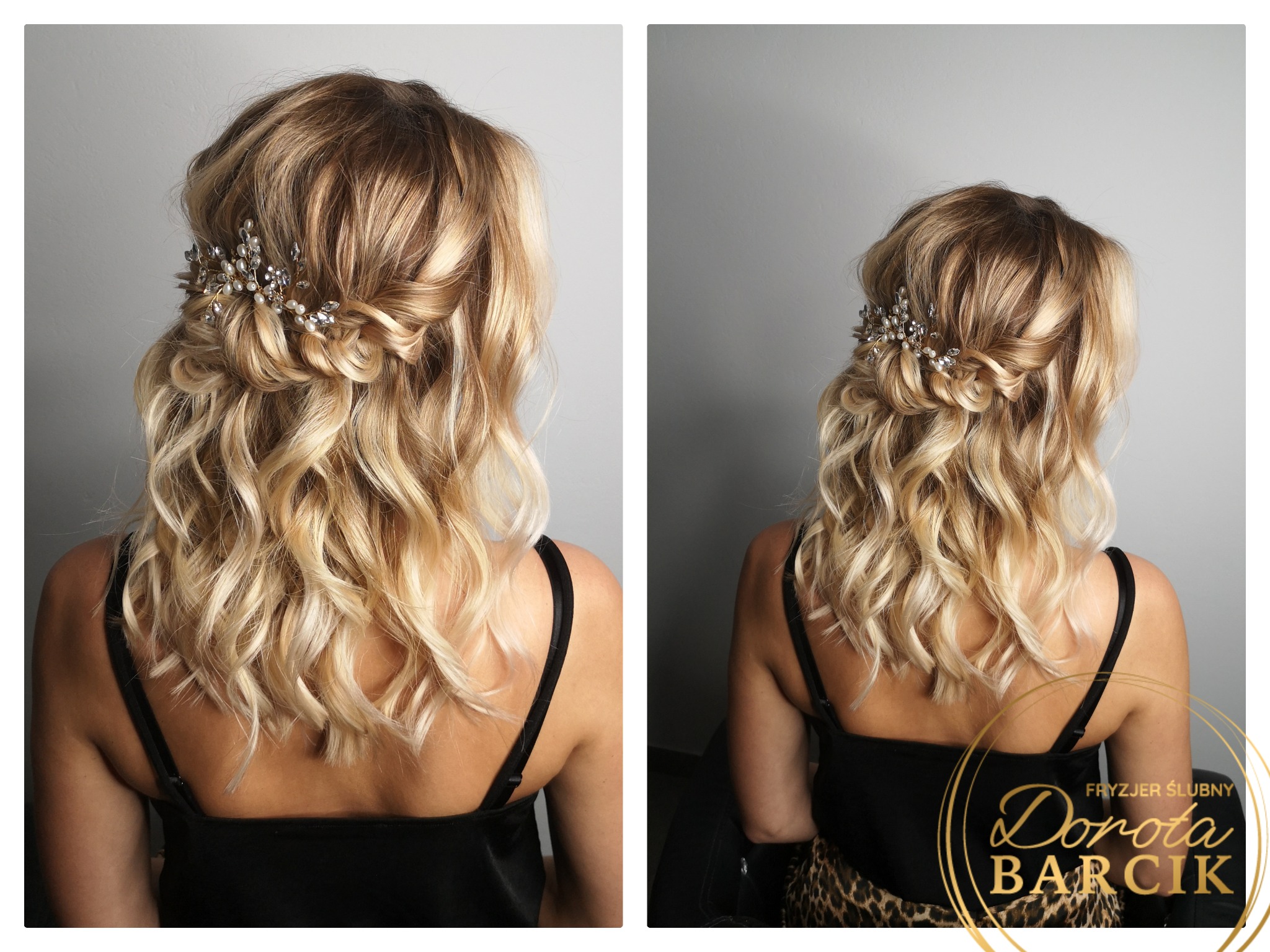 Upięcie ślubne z loków, ozdobione delikatną spinką z perełkami i kryształkami, widok z tyłu, na jasnych włosach.