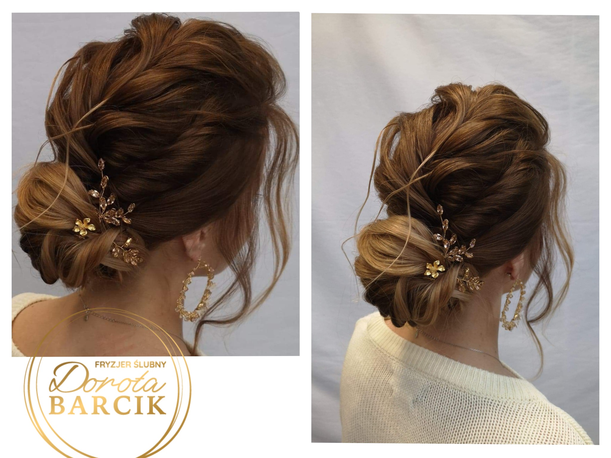 Upięcie ślubne z brązowych włosów z ozdobnymi spinkami w kształcie liści i kwiatów oraz długie kolczyki z kryształkami, widok z tyłu.