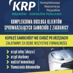 Grafika reklamowa firmy KRP z Węgrowa i Sokołowa Podlaskiego, oferującej kompleksową obsługę klientów sprowadzających samochody z zagranicy, w tym załatwianie formalności w urzędzie celnym...