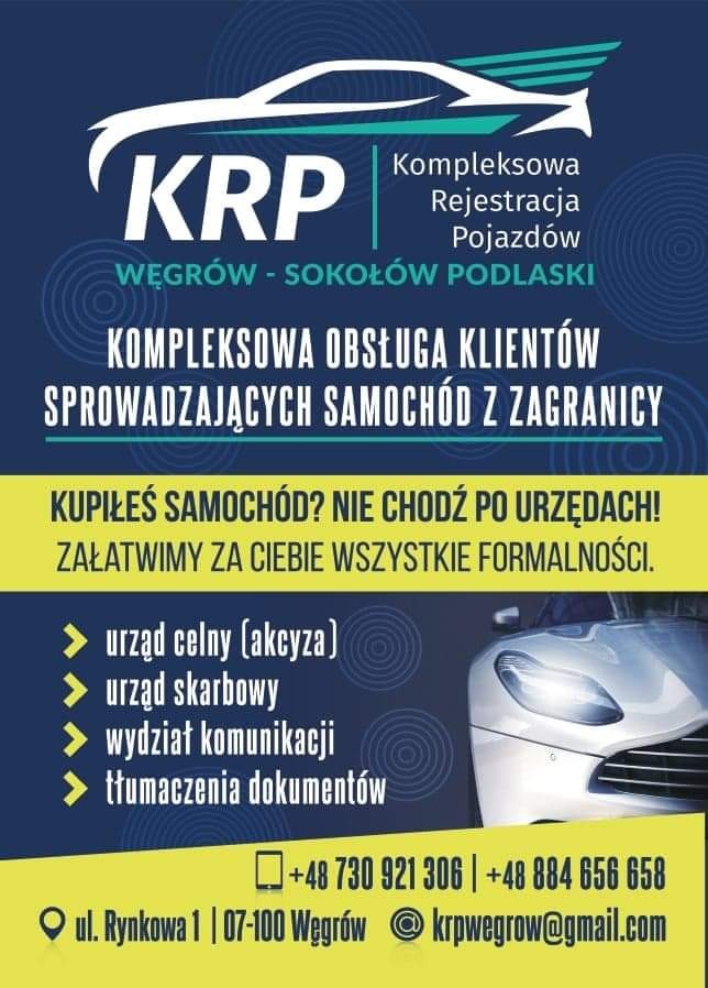 Grafika reklamowa firmy KRP z Węgrowa i Sokołowa Podlaskiego, oferującej kompleksową obsługę klientów sprowadzających samochody z zagranicy, w tym załatwianie formalności w urzędzie celnym...
