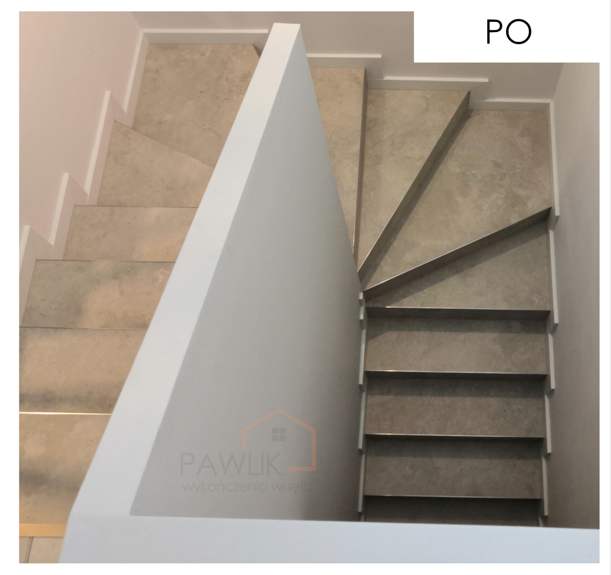 Schody zabiegowe obłożone gresem i białą listwą przypodłogową.