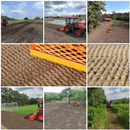 Kompilacja zdjęć przedstawiających przygotowanie terenu pod uprawę, z użyciem traktora z glebogryzarką, widoczne różne etapy prac i lokalizacje: pole, brzeg jeziora, teren przed domem, boisko...