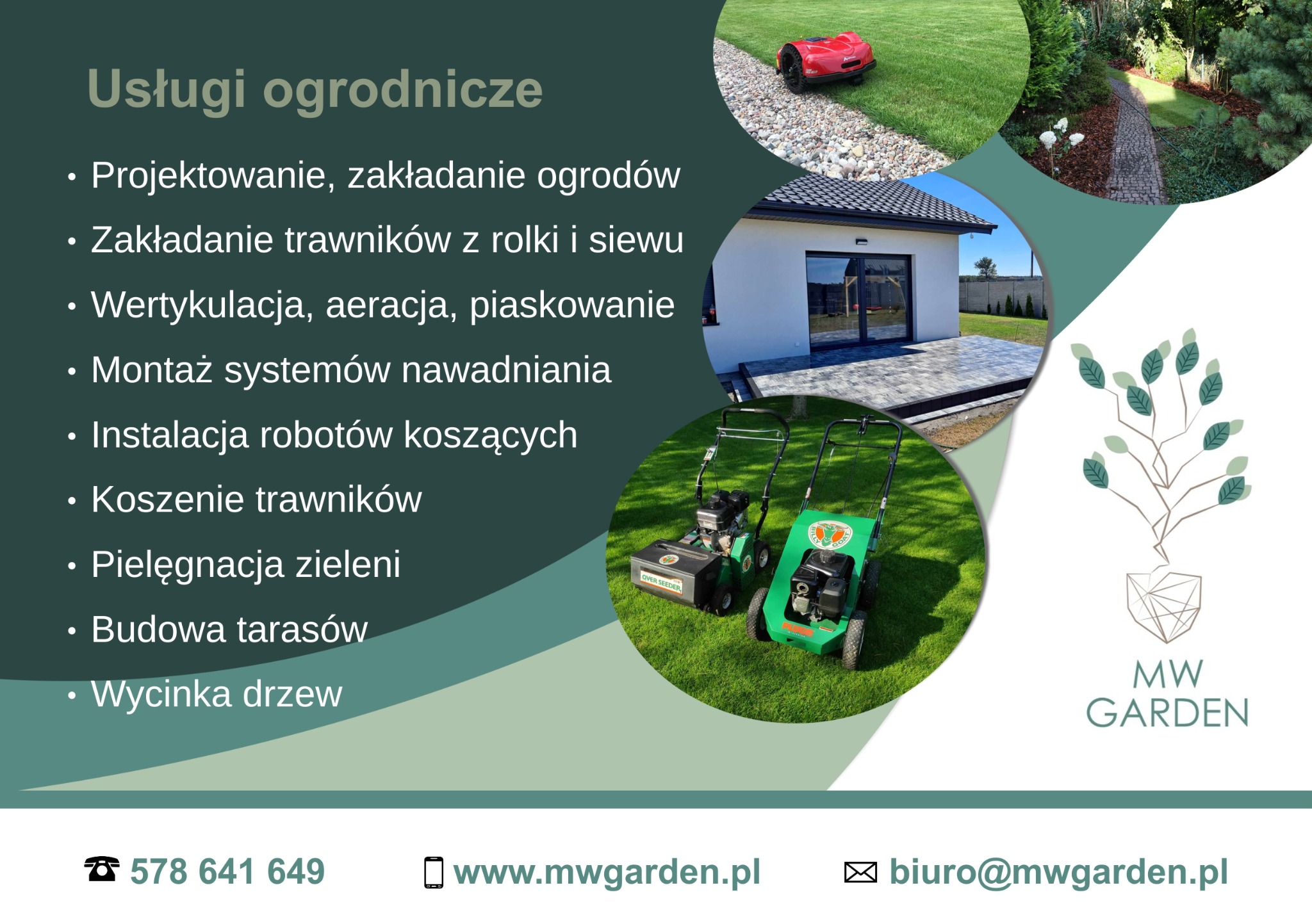 Grafika reklamowa firmy ogrodniczej prezentująca usługi: projektowanie ogrodów, zakładanie trawników, wertykulacja, montaż systemów nawadniania, instalacja robotów koszących, koszenie trawników...