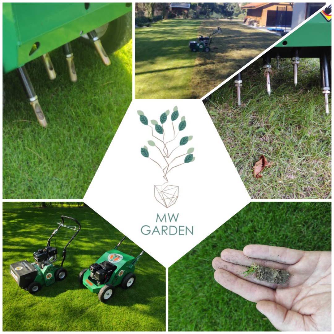 Kompozycja zdjęć prezentująca aerację trawnika: detale nakłuwania, trawnik po zabiegu, maszyny do aeracji oraz dłoń trzymająca wyjęty rdzeń ziemi, w tle logo firmy MW Garden.