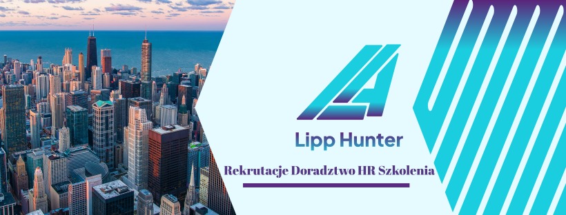 Logo firmy Lipp Hunter z panoramą miejską w tle, oferującej usługi rekrutacji, doradztwa HR i szkoleń.