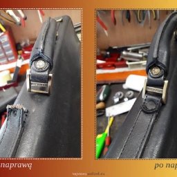 Galux-Usługi - Porównanie uchwytu czarnej skórzanej torby Wittchen przed i po naprawie, widoczne uszkodzenie na lewym zdjęciu i efekt renowacji na prawym.