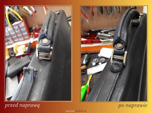 Porównanie uchwytu czarnej skórzanej torby Wittchen przed i po naprawie, widoczne uszkodzenie na lewym zdjęciu i efekt renowacji na prawym.