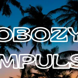 Grafika z sylwetkami palm na tle zachodzącego słońca i napisem 'OBOZY IMPULS' w białych konturach.